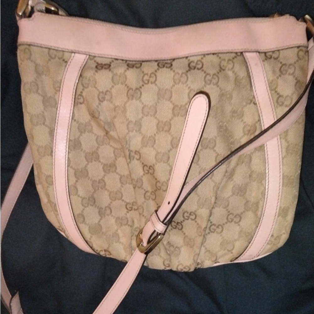 Gucci Abby D Ring Pink Leather and Beige GG Canvas Crossbody /Messenger …
